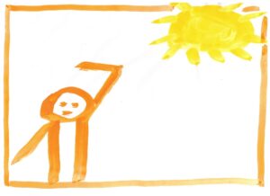 Inklusionsmännchen mit rechtem Arm nach unten gestreckt, der andere nach oben angewinkelt. Darüber die gelbe Sonne.