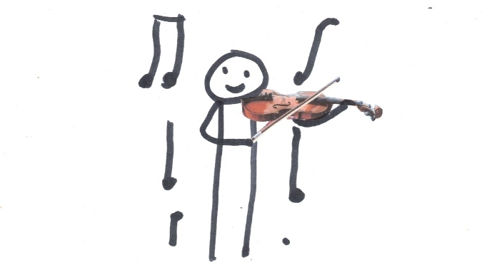 Nixklusionsmännchen mit Geige und Noten drumherum (Collage).