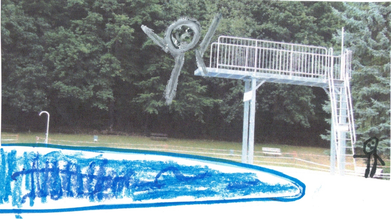 Collage: Schwimmbad mit 3-Meter-Turm und Nixklusionsmännchen, das springt. Ein anderes sitzt auf der Bank neben dem Becken.